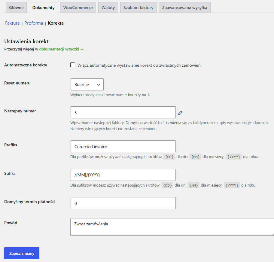 Faktury WooCommerce ustawienia korekty
