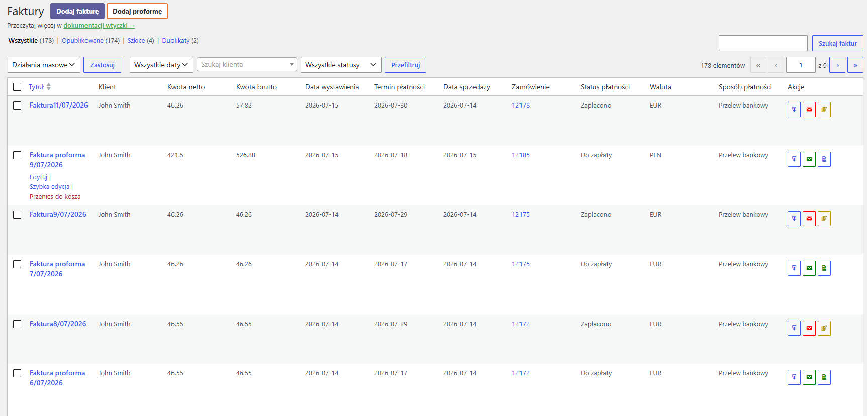 Widok listy faktur w Faktury WooCommerce