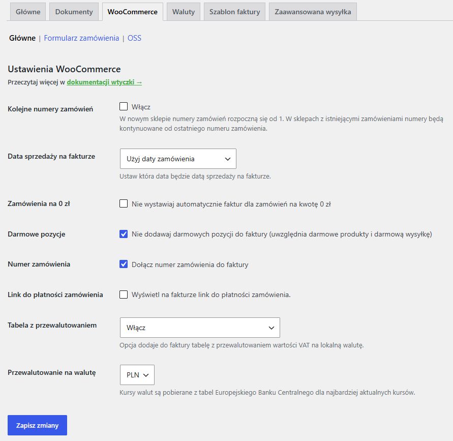 Faktury WooCommerce - ustawienia główne dla WooCommerce