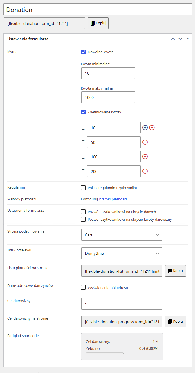 Shortcode dla formularza w Darowiznach WordPress
