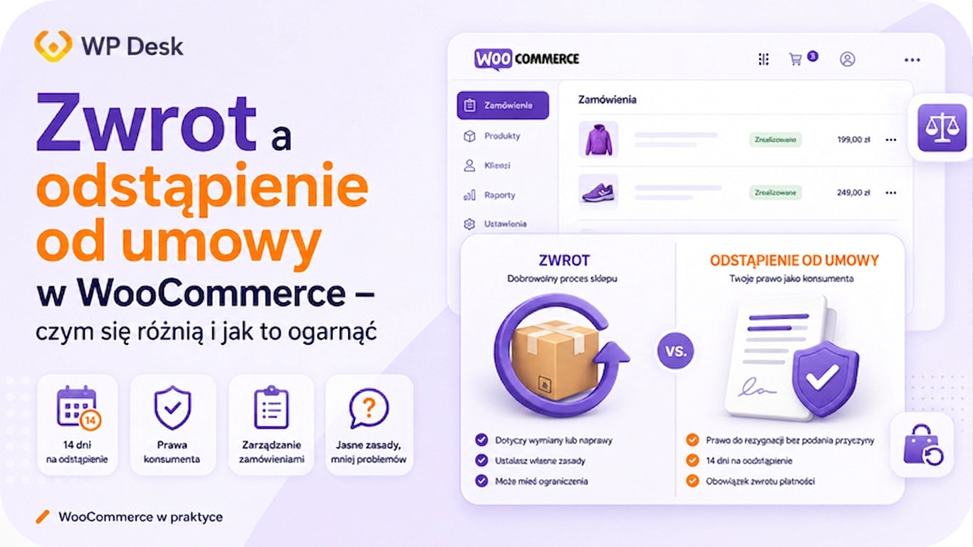 Infografika porównująca zwrot i odstąpienie od umowy w WooCommerce: zwrot to dobrowolny proces sklepu dotyczący wymiany lub naprawy, odstąpienie od umowy to prawo konsumenta do rezygnacji bez podania przyczyny w ciągu 14 dni z obowiązkiem zwrotu płatności – WP Desk