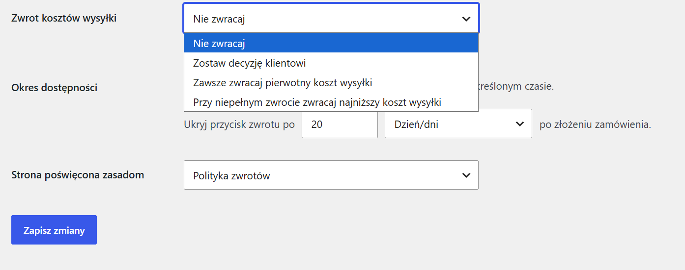 Elastyczne zwroty i reklamacje WooCommerce - opcje zwrotu kosztów wysyłki