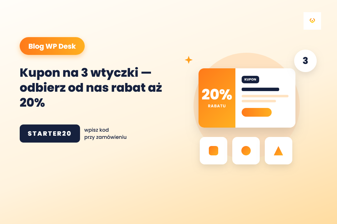 Trzy wtyczki WooCommerce z kategorii Starter pack z rabatem 20 procent Opis obrazka: Grafika przedstawiająca trzy ikony wtyczek WP Desk (faktury, wysyłka, zwroty) połączone znakiem plus, z widocznym kodem rabatowym STARTER20 i informacją o 20% zniżki na cały koszyk.