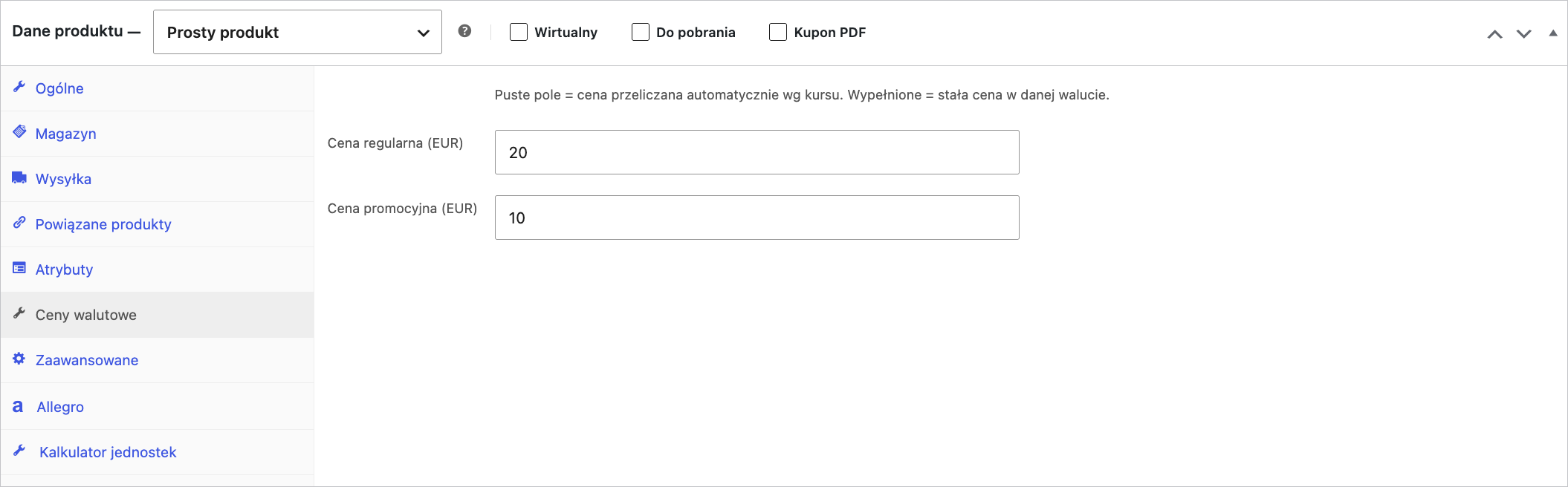 edycja ceny waulutowej produktu