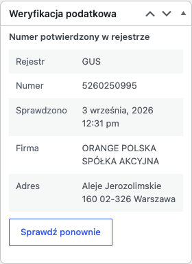 Rys. 10. Panel weryfikacji podatkowej w widoku zamówienia.