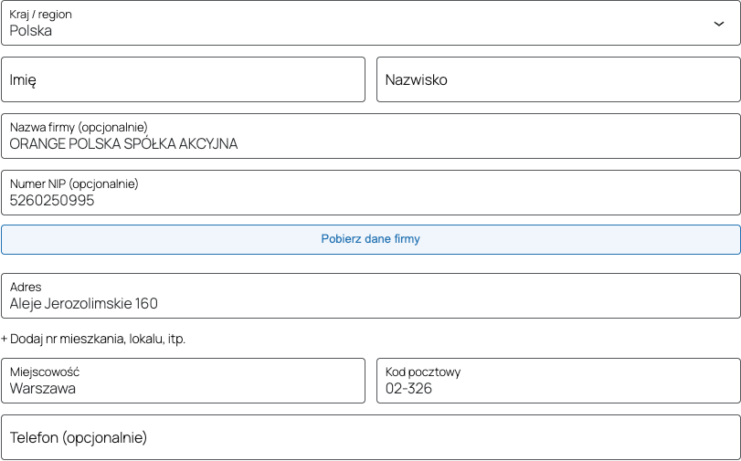 Rys. 9. Automatyczne uzupełnienie danych firmy w kasie WooCommerce.