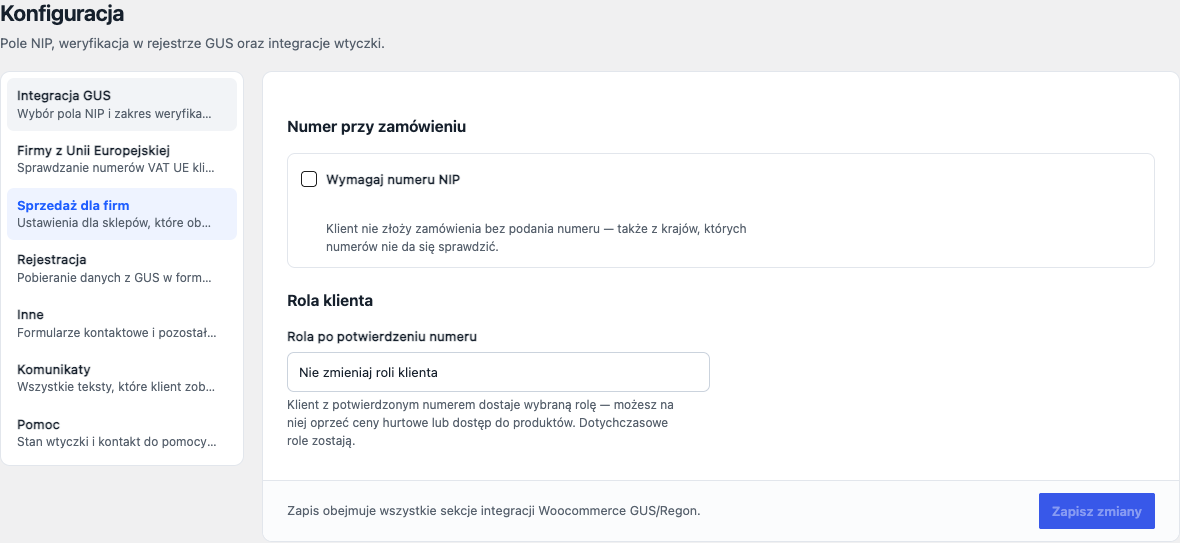 Rys. 3. Wymaganie numeru NIP i wybór roli klienta.