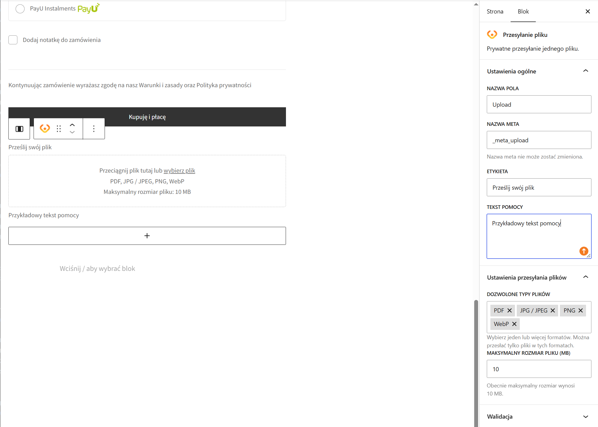 Checkout Fields for Blocks Dodatkowe Pola – ustawienia pola File upload