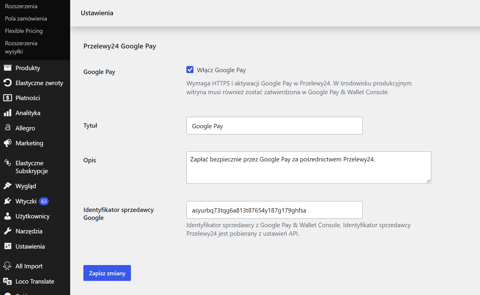 Ustawienia Google Pay w integracji Przelewy24 WooCommerce